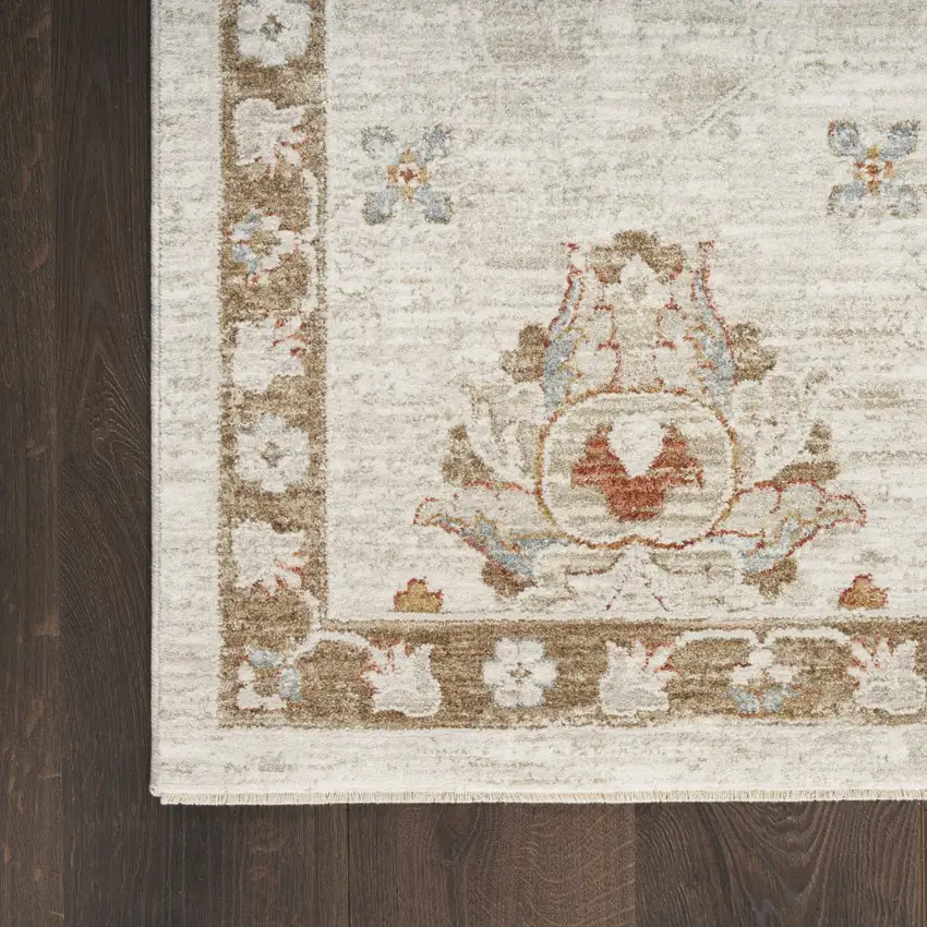 Cream Floral Power Loom Distressed Area Rug With Fringe Photo 9