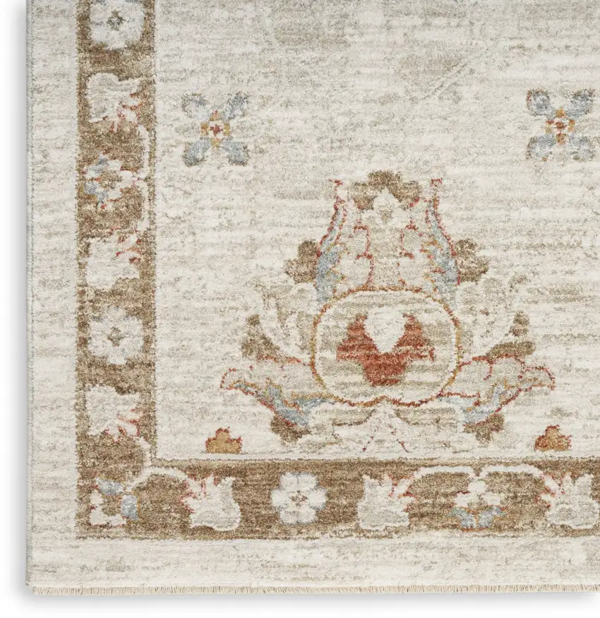 Cream Floral Power Loom Distressed Area Rug With Fringe Photo 5