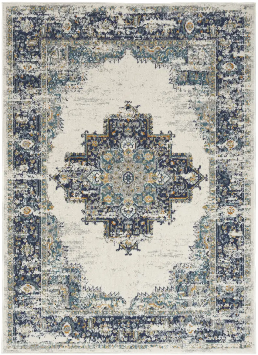 Cream Floral Power Loom Distressed Area Rug Photo 2
