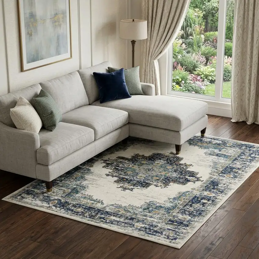 Cream Floral Power Loom Distressed Area Rug Photo 1