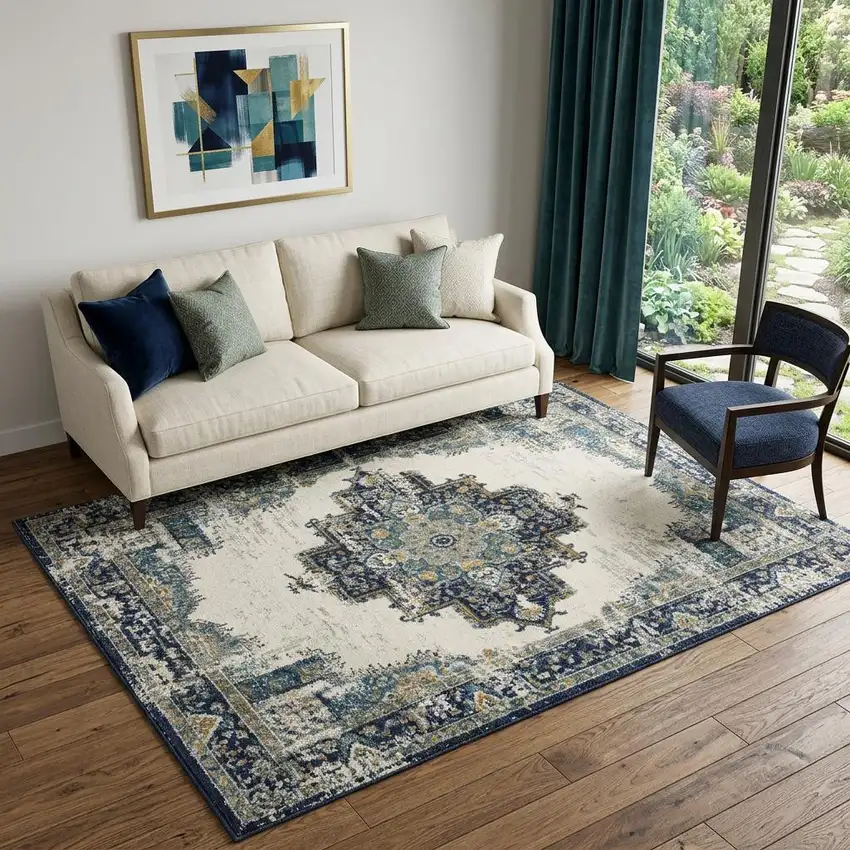 Cream Floral Power Loom Distressed Area Rug Photo 1