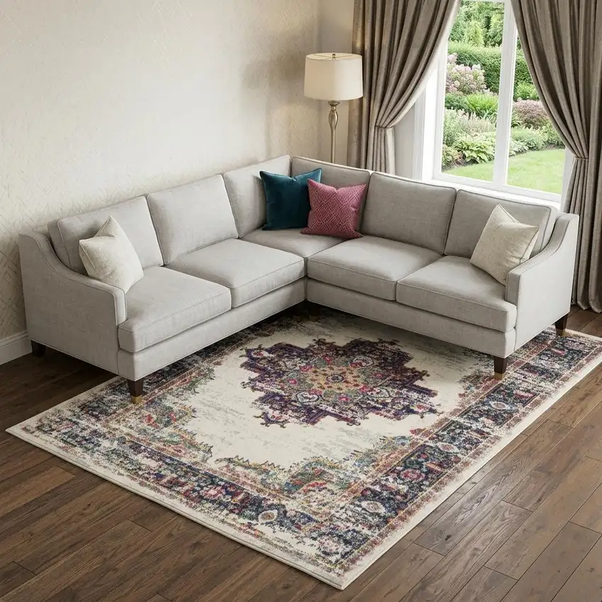 Cream Floral Power Loom Distressed Area Rug Photo 1