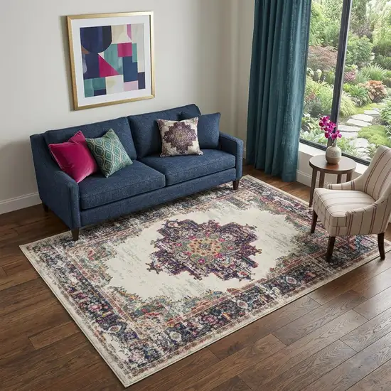 Cream Floral Power Loom Distressed Area Rug Photo 1