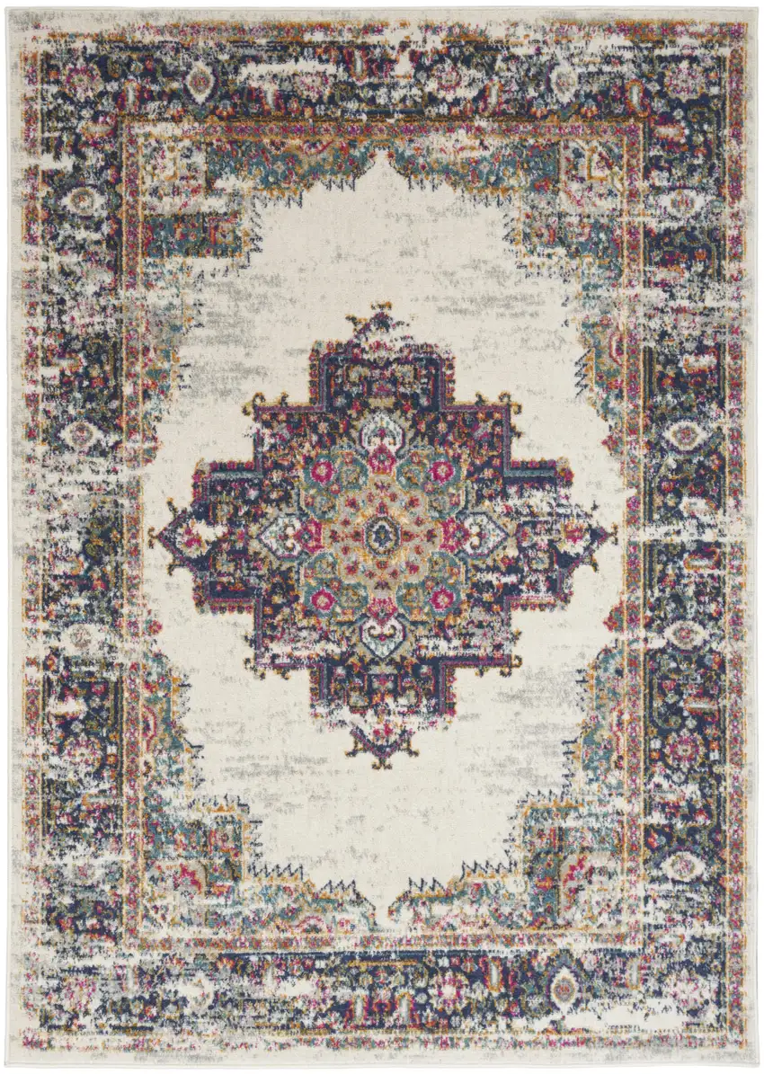 Cream Floral Power Loom Distressed Area Rug Photo 1
