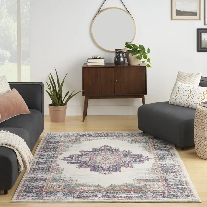 Cream Floral Power Loom Distressed Area Rug Photo 9