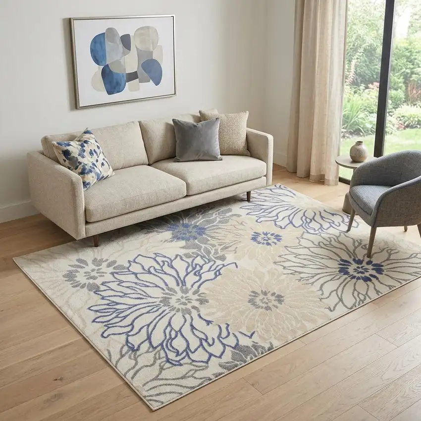 Cream Floral Power Loom Distressed Area Rug Photo 1