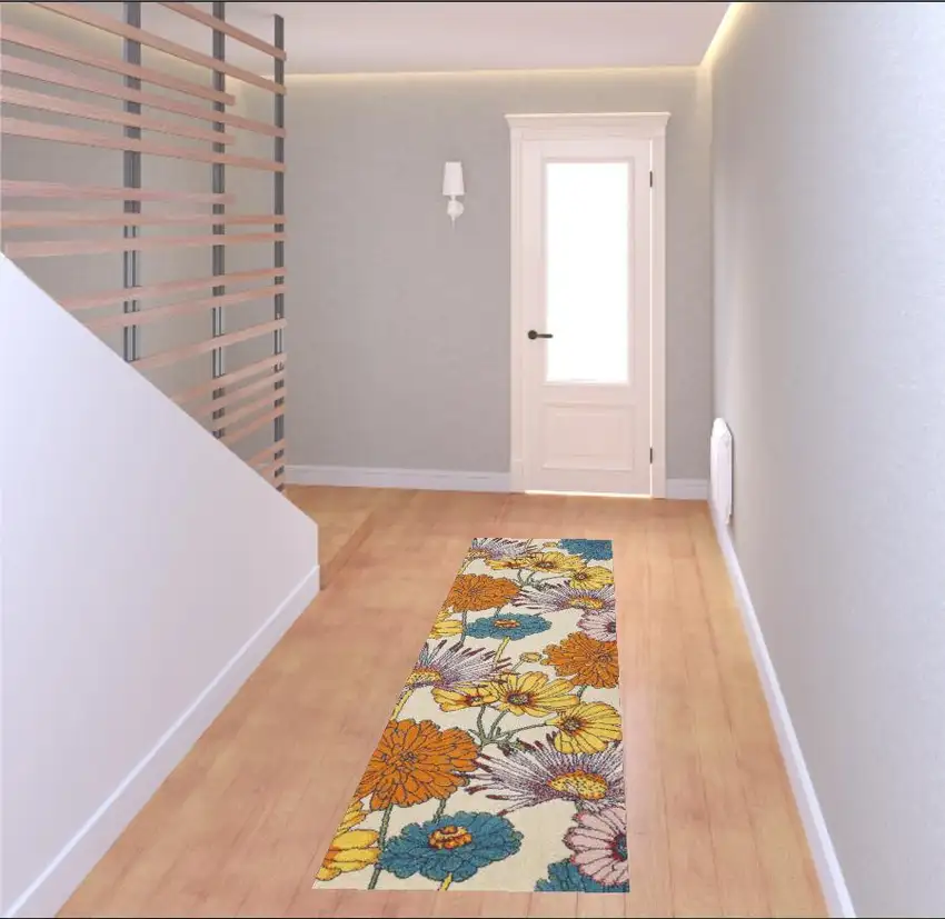 Cream Floral Power Loom Runner Rug Photo 4