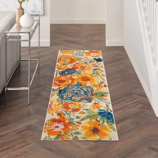 8' Cream Floral Runner Rug Photo 4