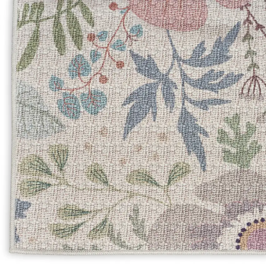 10' Cream Floral Washable Runner Rug Photo 6