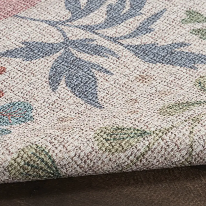 10' Cream Floral Washable Runner Rug Photo 5