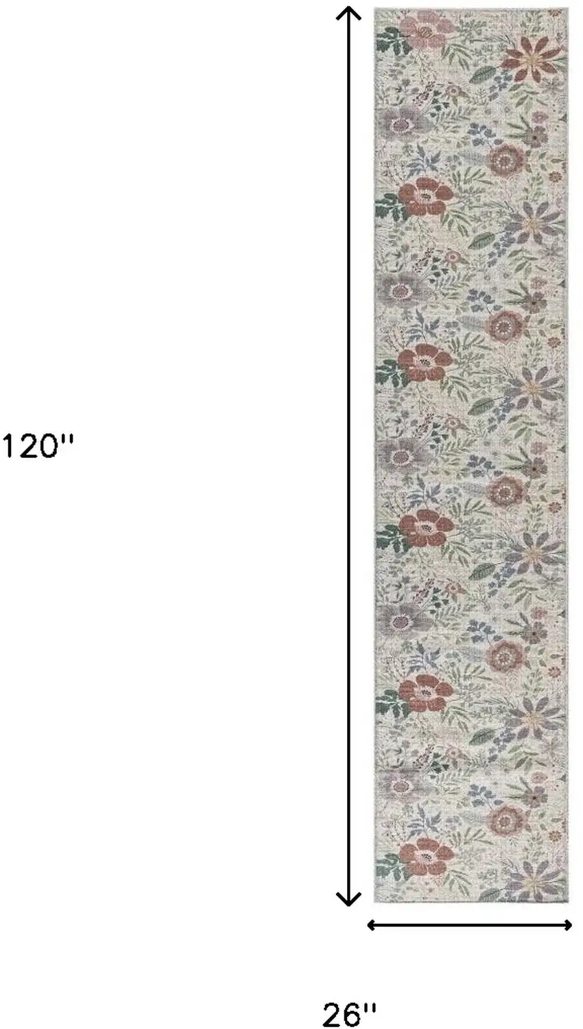 10' Cream Floral Washable Runner Rug Photo 4