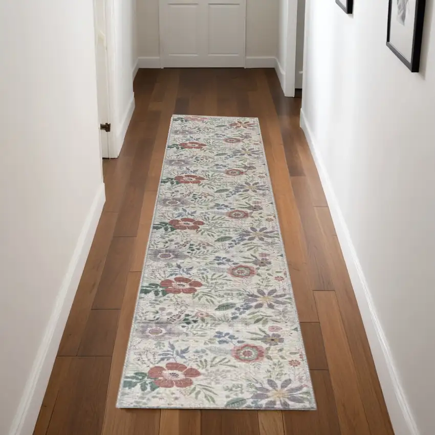 8' Cream Floral Washable Runner Rug Photo 1