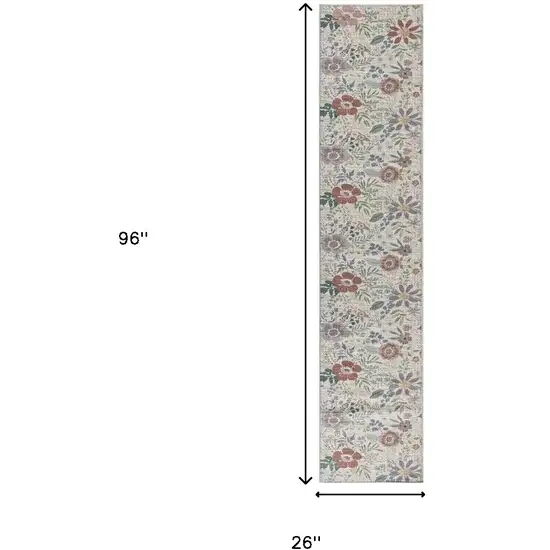 8' Cream Floral Washable Runner Rug Photo 4