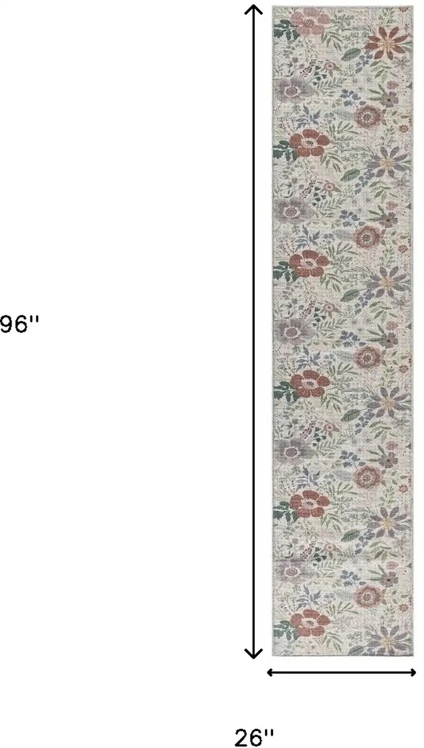 8' Cream Floral Washable Runner Rug Photo 4