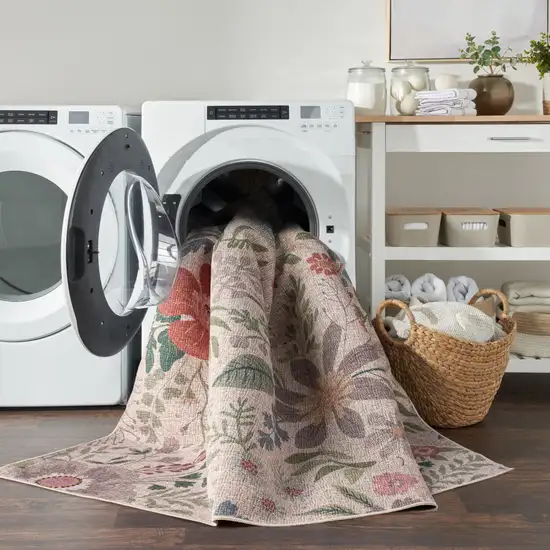 8' Cream Floral Washable Runner Rug Photo 8