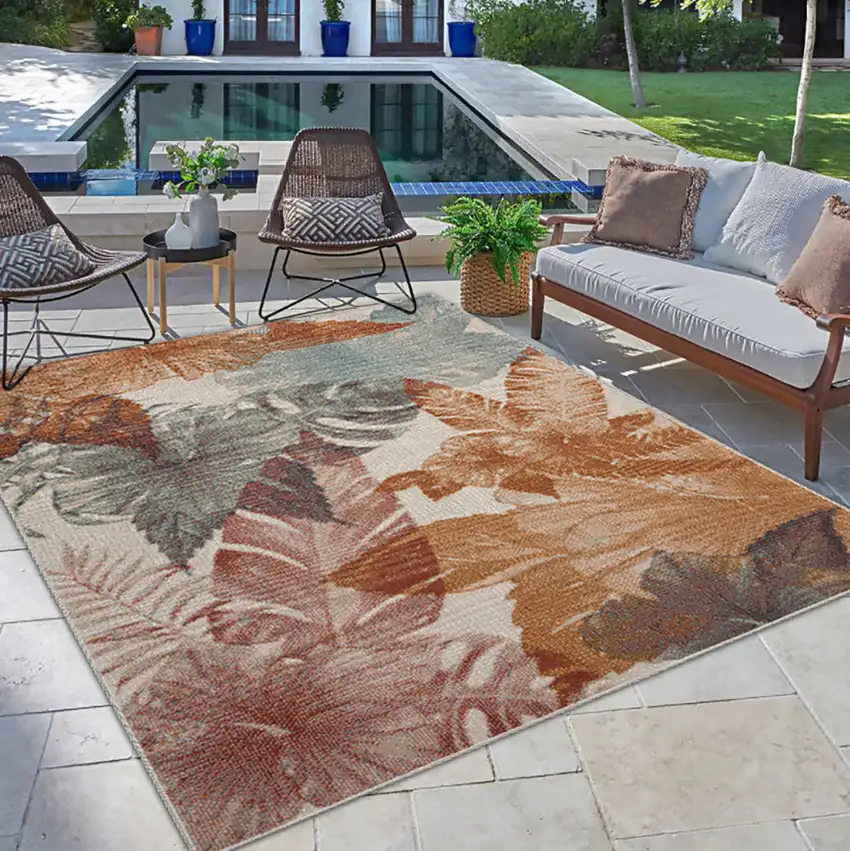 Cream Floral Stain Resistant Indoor Outdoor Area Rug Photo 8