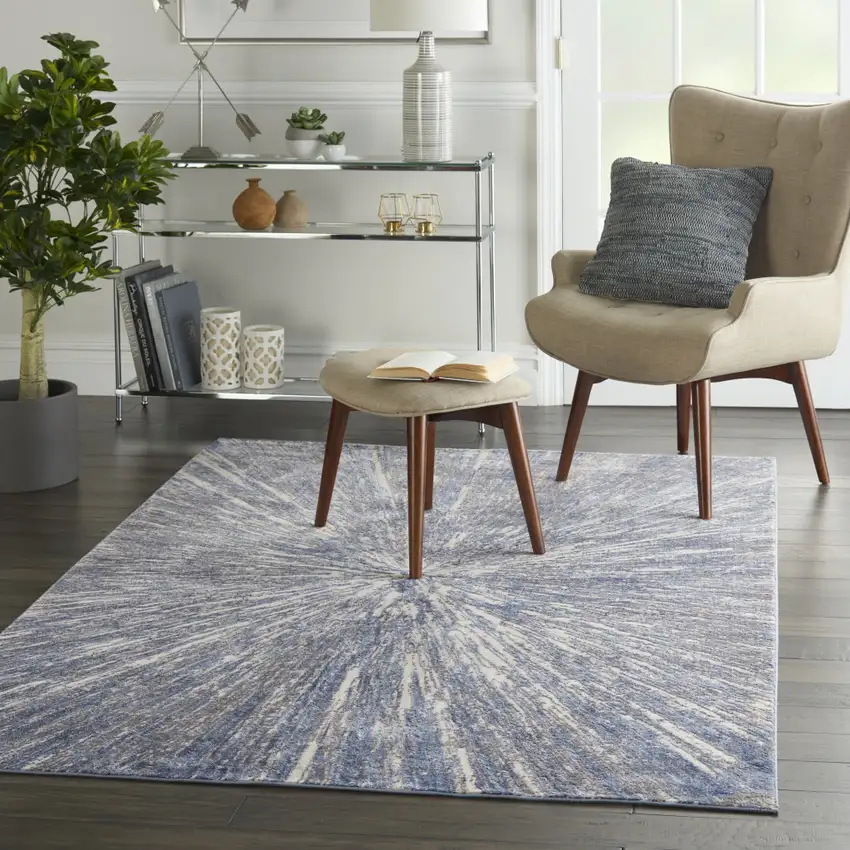 Cream Gray And Blue Abstract Area Rug Photo 6