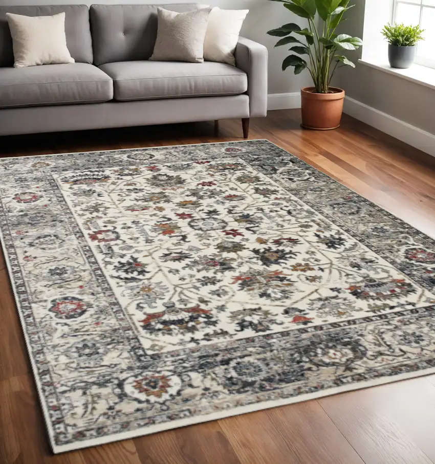 Cream Gray And Red Floral Medallion Area Rug Photo 1