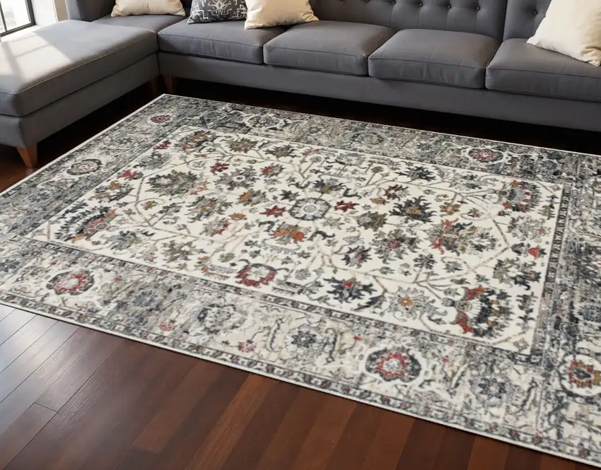 Cream Gray And Red Floral Medallion Area Rug Photo 1