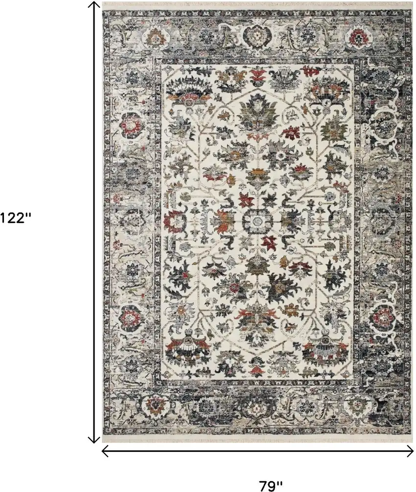 Cream Gray And Red Floral Medallion Area Rug Photo 3