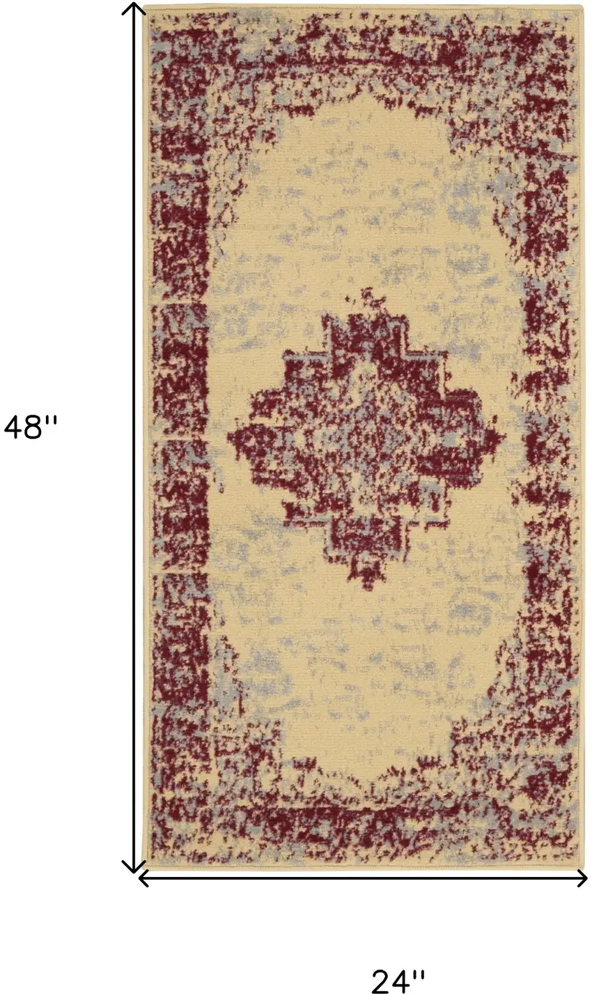 Cream Gray And Red Medallion Distressed Area Rug Photo 3