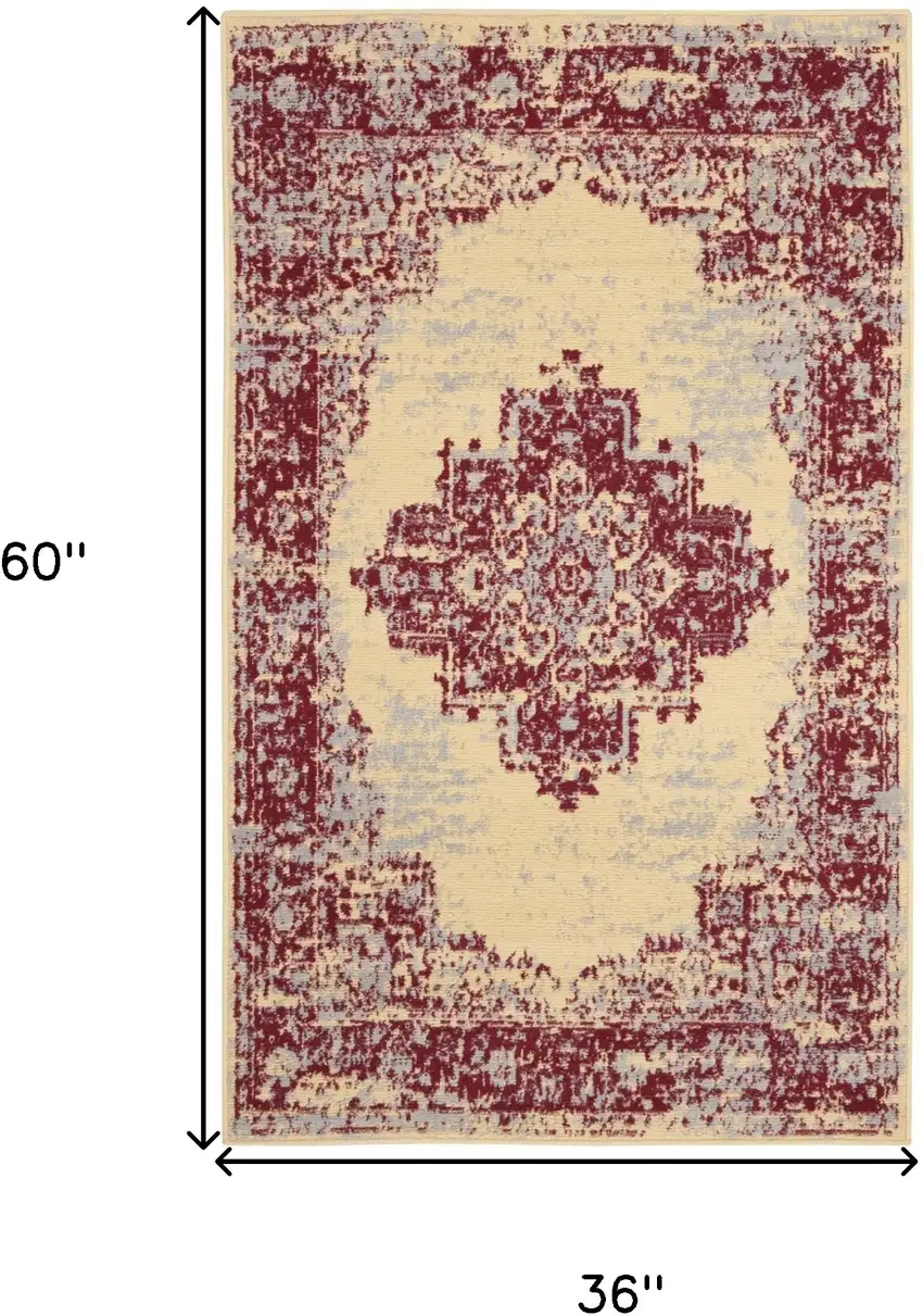 Cream Gray and Red Medallion Distressed Non Skid Area Rug Photo 3