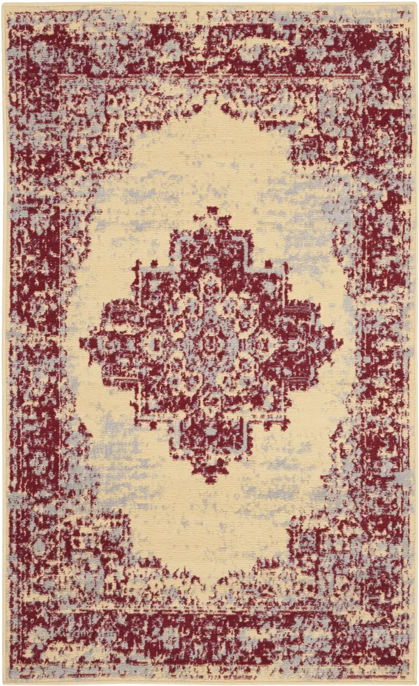 Cream Gray and Red Medallion Distressed Non Skid Area Rug Photo 2