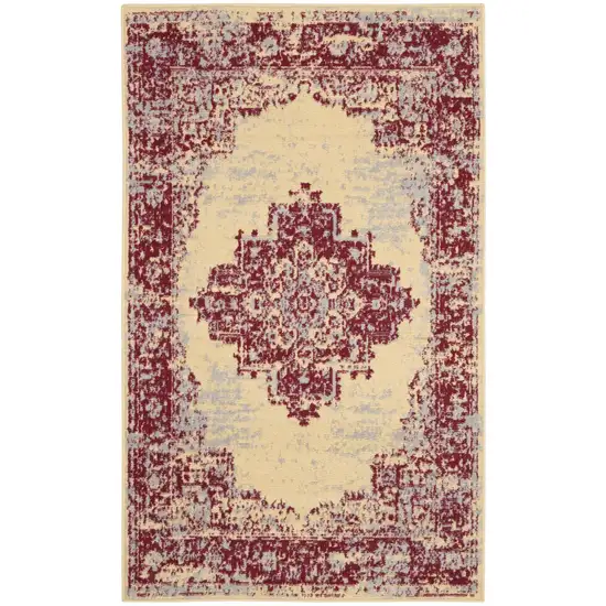 Cream Gray and Red Medallion Distressed Non Skid Area Rug Photo 8