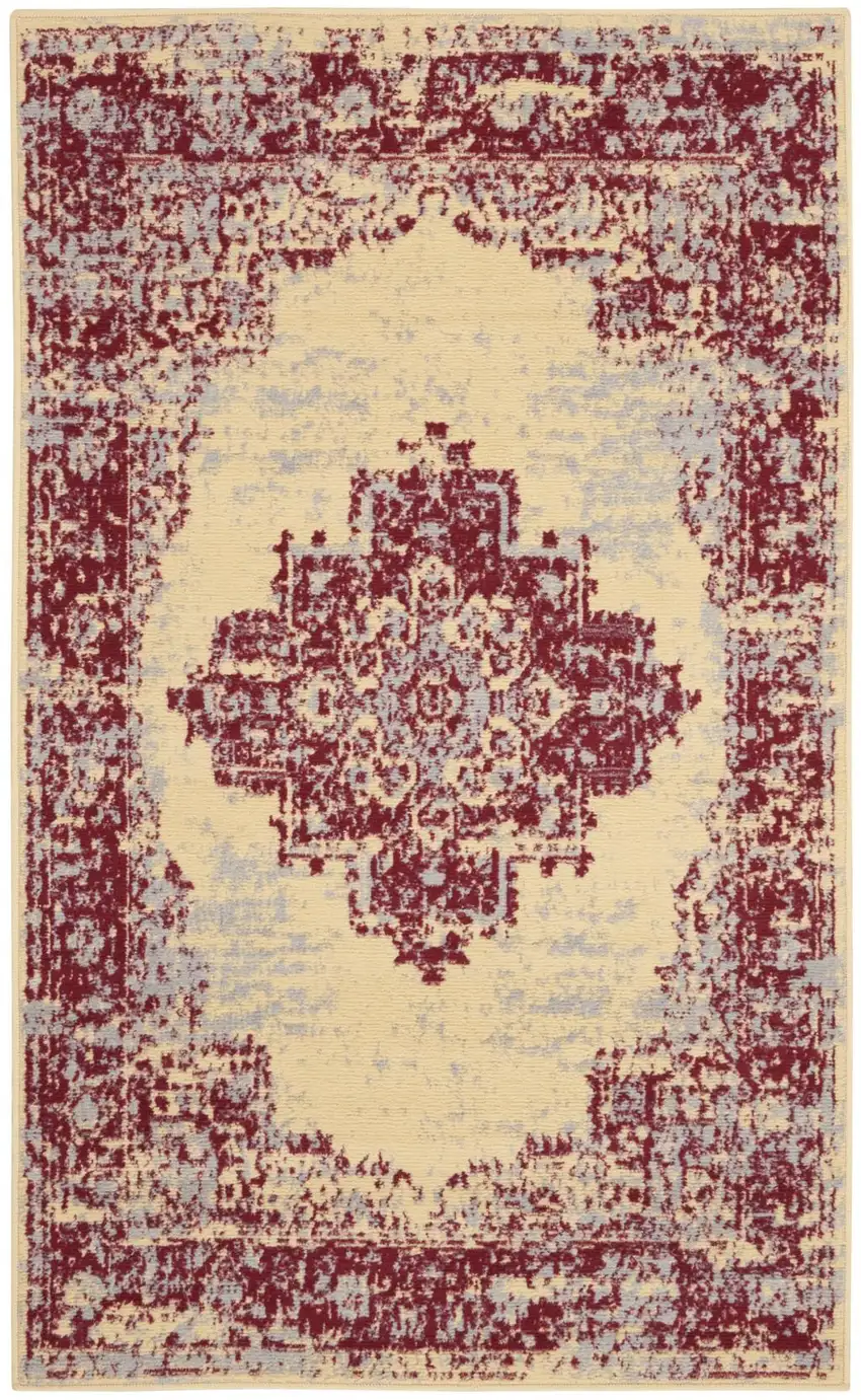 Cream Gray and Red Medallion Distressed Non Skid Area Rug Photo 8