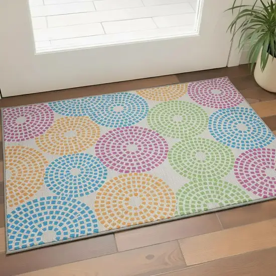 Cream Green And Blue Geometric Washable Area Rug With UV Protection Photo 2
