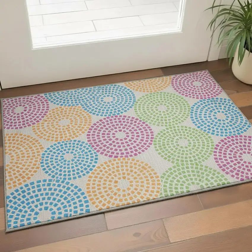 Cream Green And Blue Geometric Washable Area Rug With UV Protection Photo 2