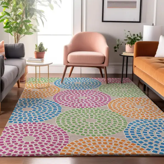 Cream Green And Blue Geometric Washable Area Rug With UV Protection Photo 4