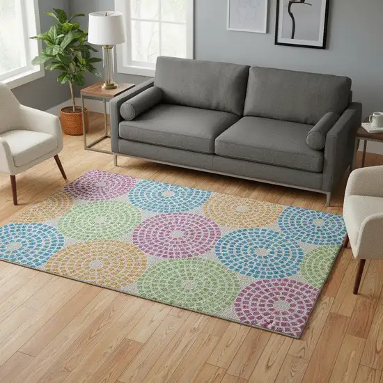 Cream Green And Blue Geometric Washable Area Rug With UV Protection Photo 2