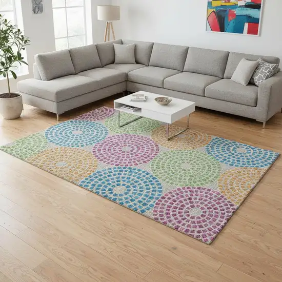 Cream Green And Blue Geometric Washable Area Rug With UV Protection Photo 2