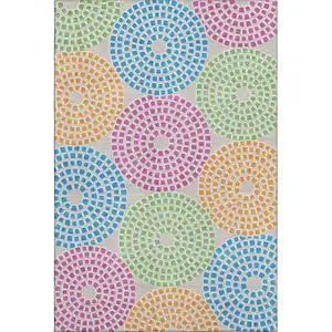 Photo of Cream Green And Blue Geometric Washable Area Rug With UV Protection