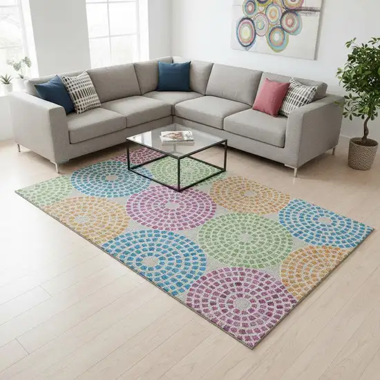 Cream Green And Blue Geometric Washable Area Rug With UV Protection Photo 2