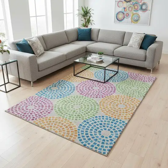 Cream Green And Blue Geometric Washable Area Rug With UV Protection Photo 2