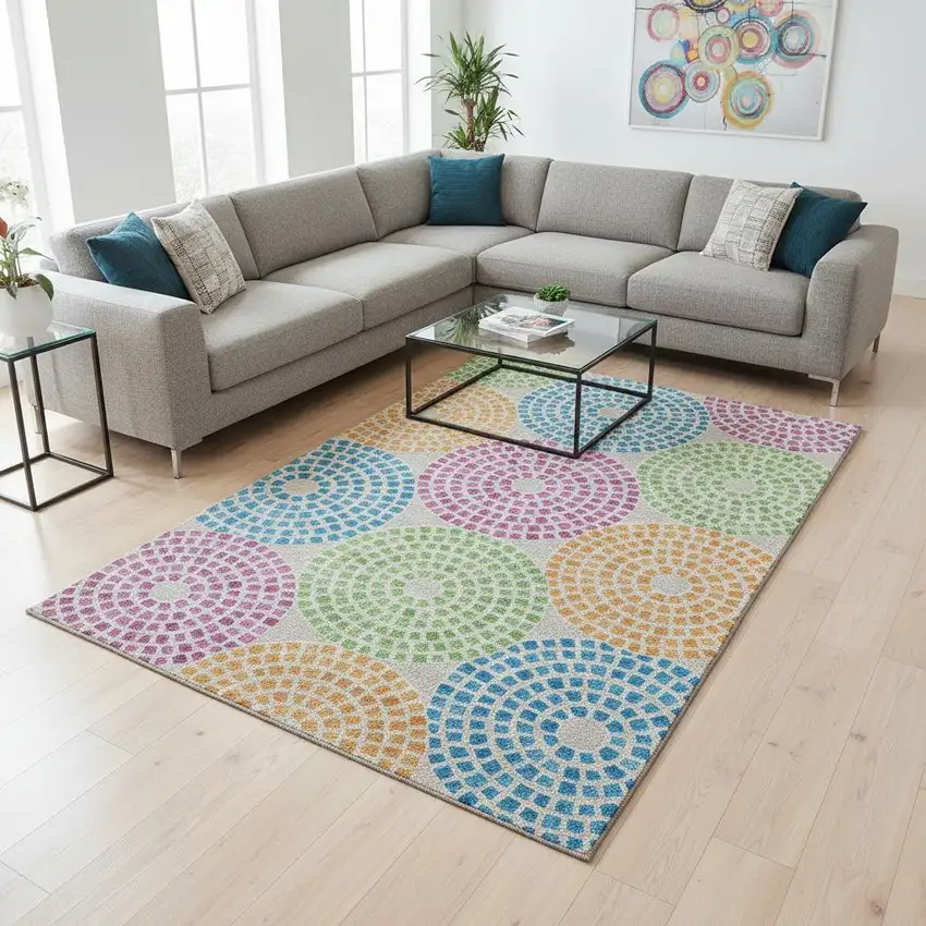 Cream Green And Blue Geometric Washable Area Rug With UV Protection Photo 2