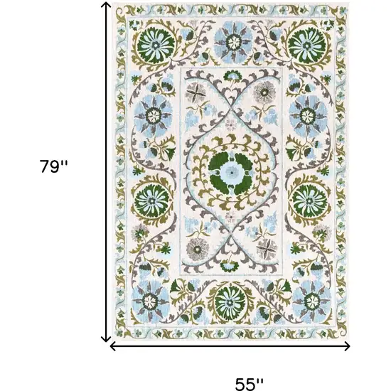 Cream Green And Blue Tribal Washable Area Rug With UV Protection Photo 6