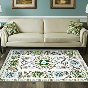 Photo of Cream Green And Blue Tribal Washable Area Rug With UV Protection