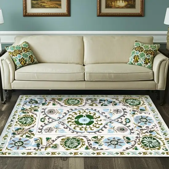 Cream Green And Blue Tribal Washable Area Rug With UV Protection Photo 1