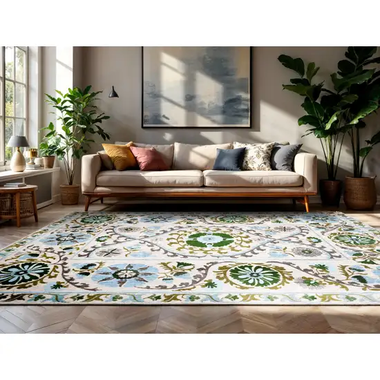 Cream Green And Blue Tribal Washable Area Rug With UV Protection Photo 5