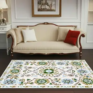 Photo of Cream Green And Blue Tribal Washable Area Rug With UV Protection