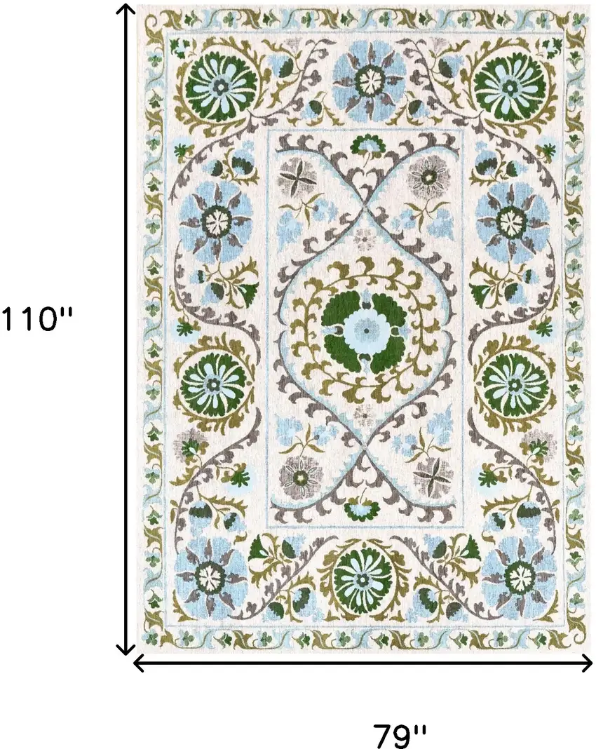 Cream Green And Blue Tribal Washable Area Rug With UV Protection Photo 6