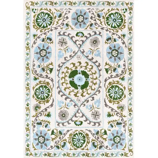 Cream Green And Blue Tribal Washable Area Rug With UV Protection Photo 2