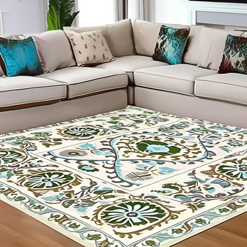 Cream Green And Blue Tribal Washable Area Rug With UV Protection Photo 1