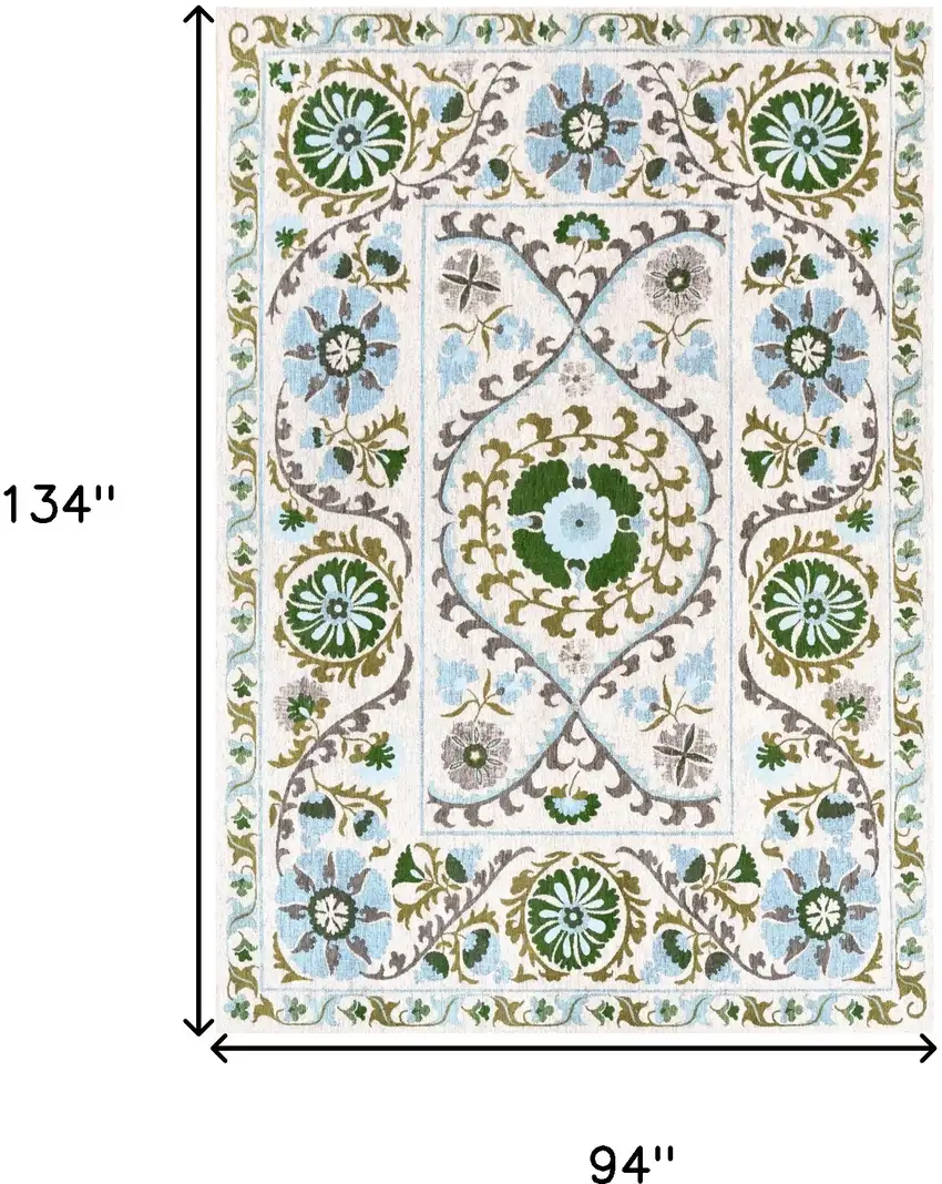 Cream Green And Blue Tribal Washable Area Rug With UV Protection Photo 6
