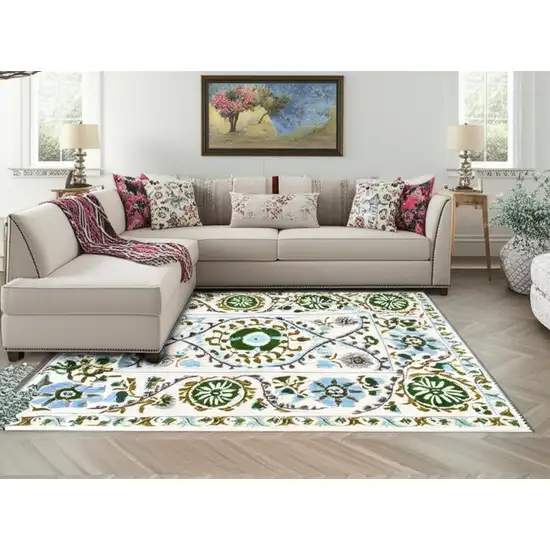 Cream Green And Blue Tribal Washable Area Rug With UV Protection Photo 1