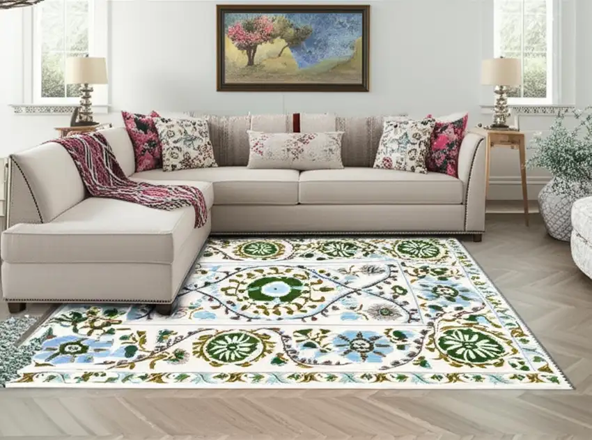 Cream Green And Blue Tribal Washable Area Rug With UV Protection Photo 1