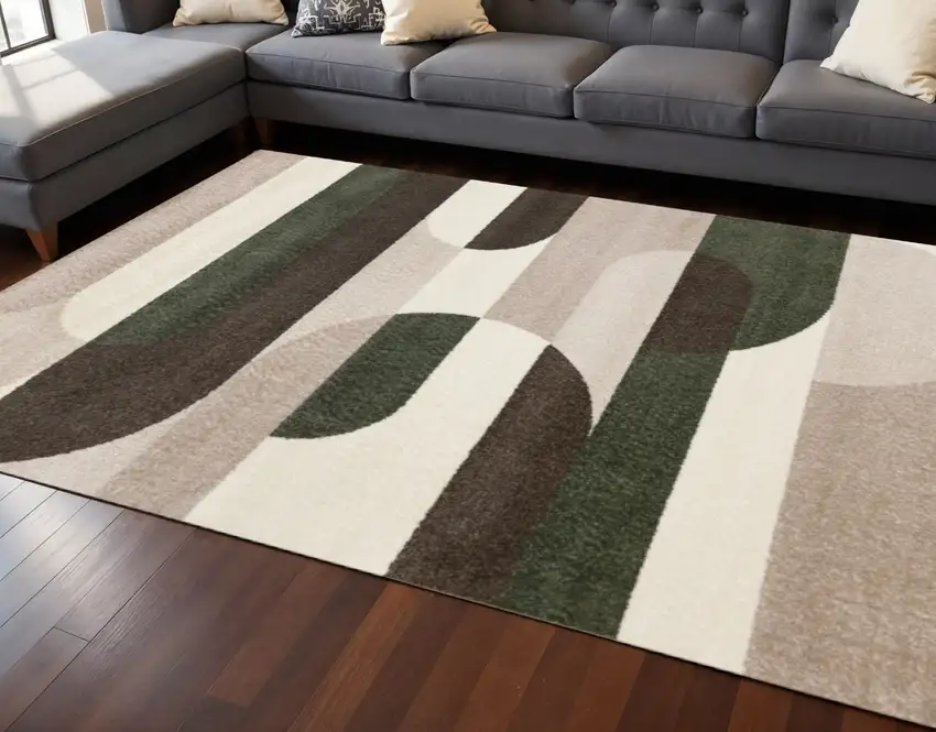 Cream Green And Brown Geometric Area Rug Photo 1